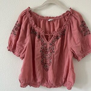 Lucky Brand cotton embroidered top, puff sleeve, Small